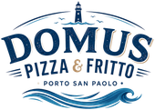Logo di Domus Pizza & Fritto in blu con faro e onde, Porto San Paolo