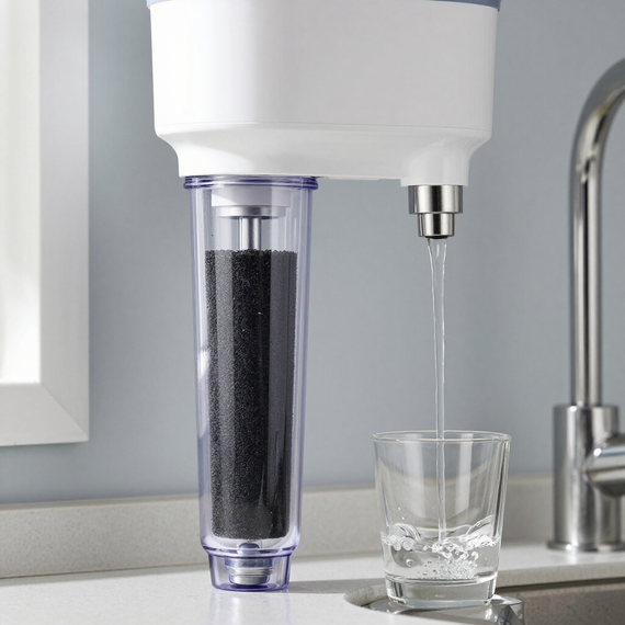 Countertop water filter dispenser filling a glass in a kitchen sink area