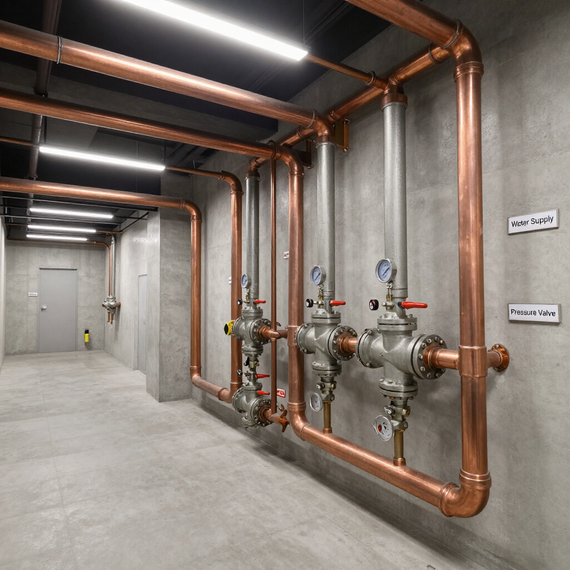 Two workers inspecting plumbing in a mechanical room, with pipes, tools, and equipment throughout.