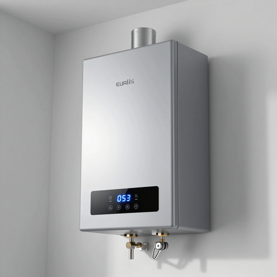 Wall-mounted silver tankless water heater with blue digital display in a corner
