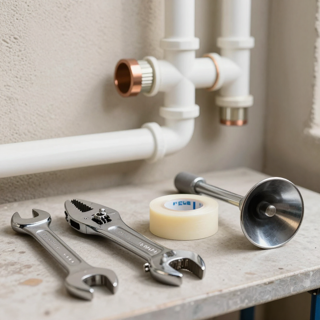 Plumber repairs pipes under a kitchen sink in a bright, modern kitchen.