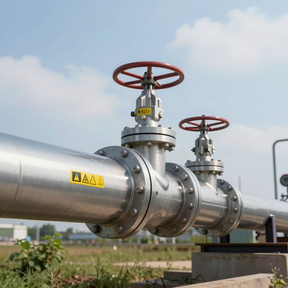 Industrial pipeline with metal valves and red handwheels against a blue sky