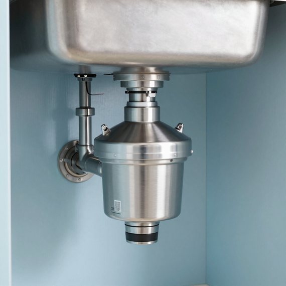 Stainless steel garbage disposal mounted under a sink against a light blue cabinet wall