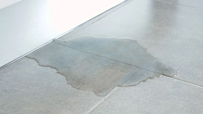 A wet patch on a gray concrete floor near a white wall, with water spread in an irregular shape.