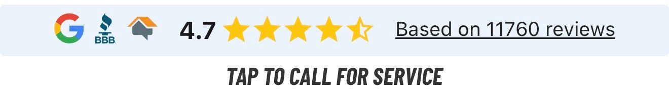 Google rating banner with 4.7 stars, βBased on 11,760 reviews,β and βTap to call for service.β