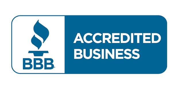 BBB Accredited Business logo with blue torch icon and white text on a blue background