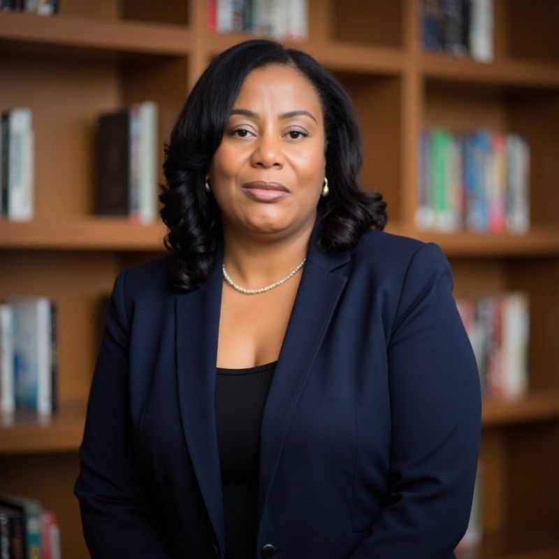 A person wearing a dark blue blazer and simple necklace standing in front of a bookshelf filled with books.