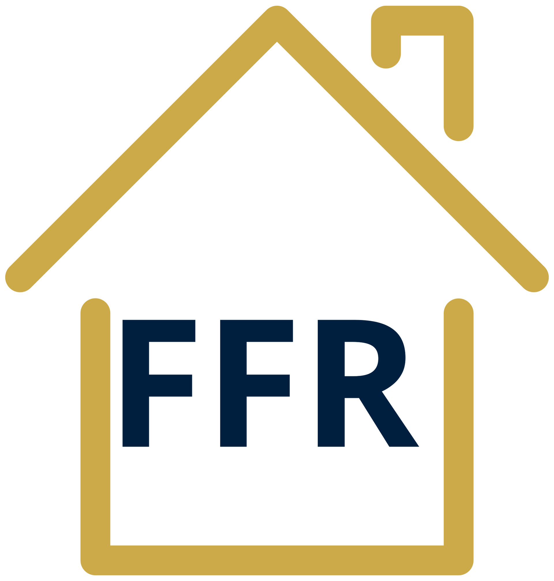 Gold house outline with navy "FFR" inside.