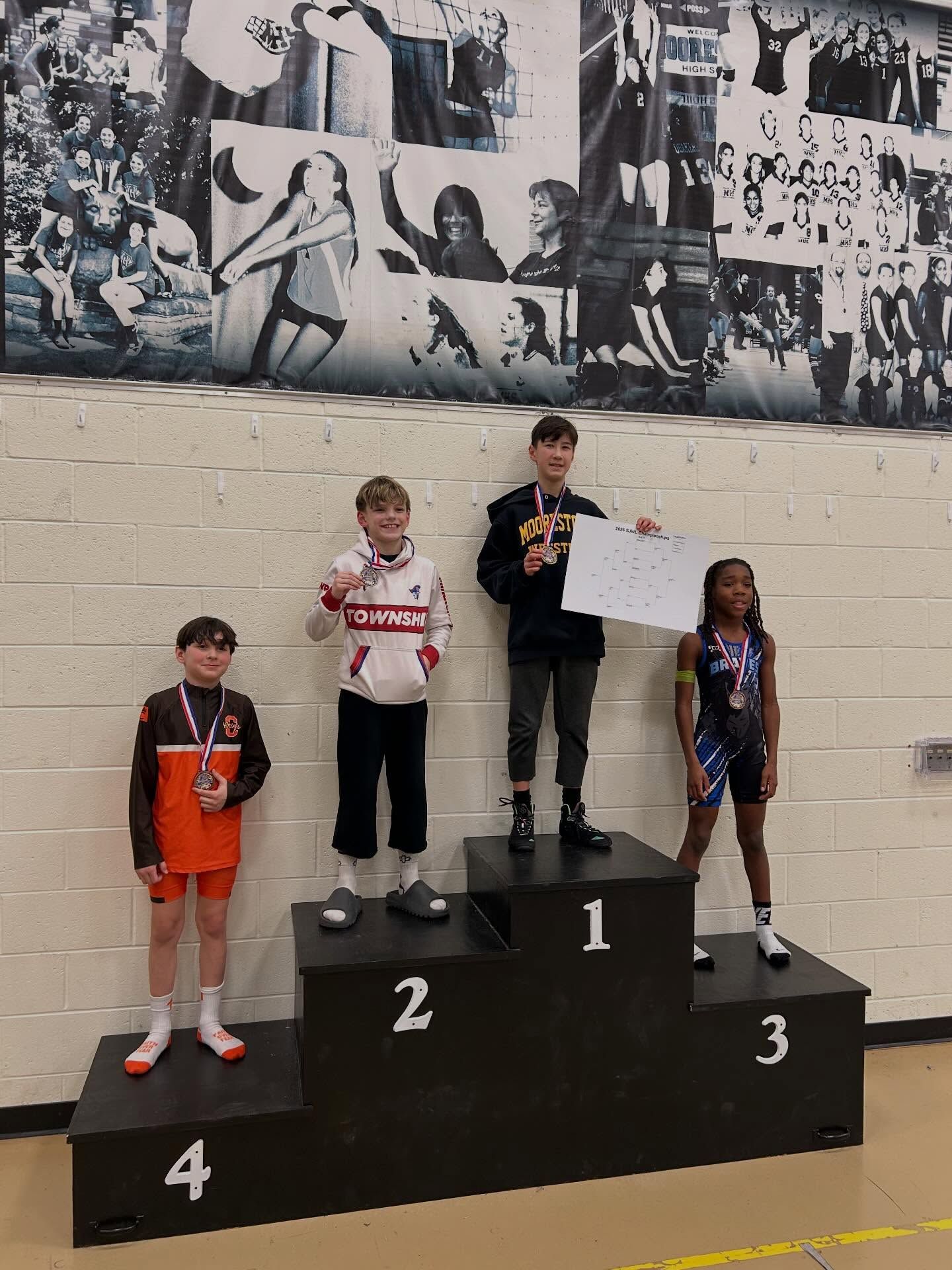 Four children stand on a winners’ podium in a gym, holding awards, with first, second, and third place marked.