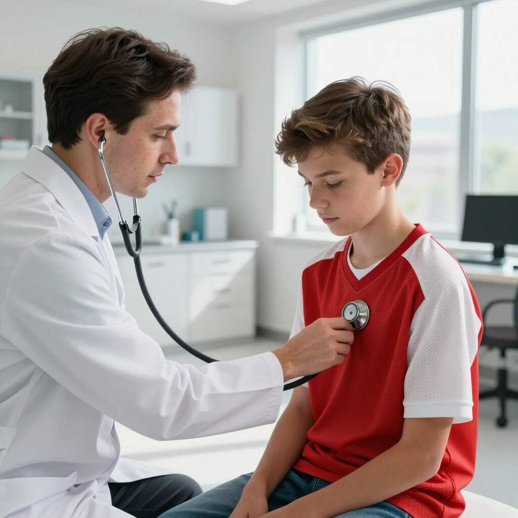 Teenage athlete getting a checkup from a pediatrician for school sports.