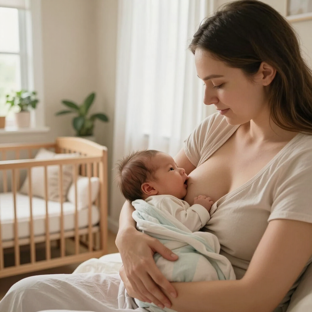 Woman breastfeeding a baby in a sunlit nursery with a crib in the background