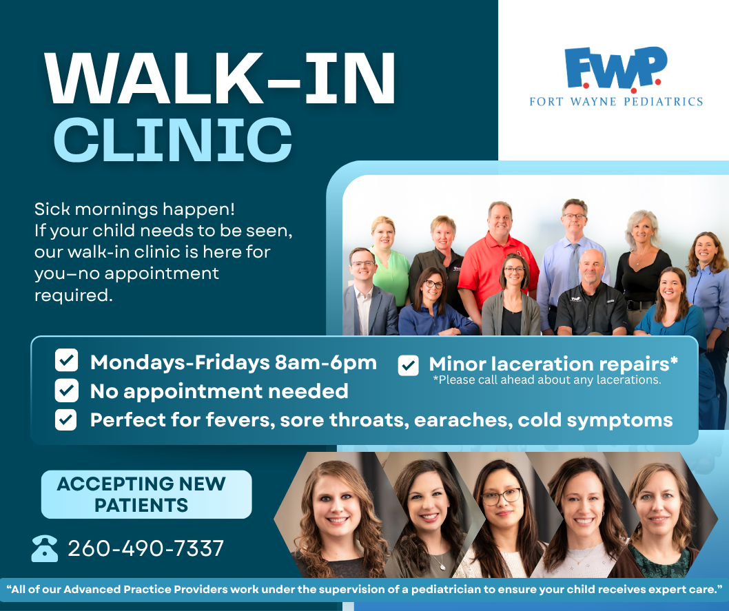 Walk-in clinic ad with medical team, blue layout, hours, and appointment information