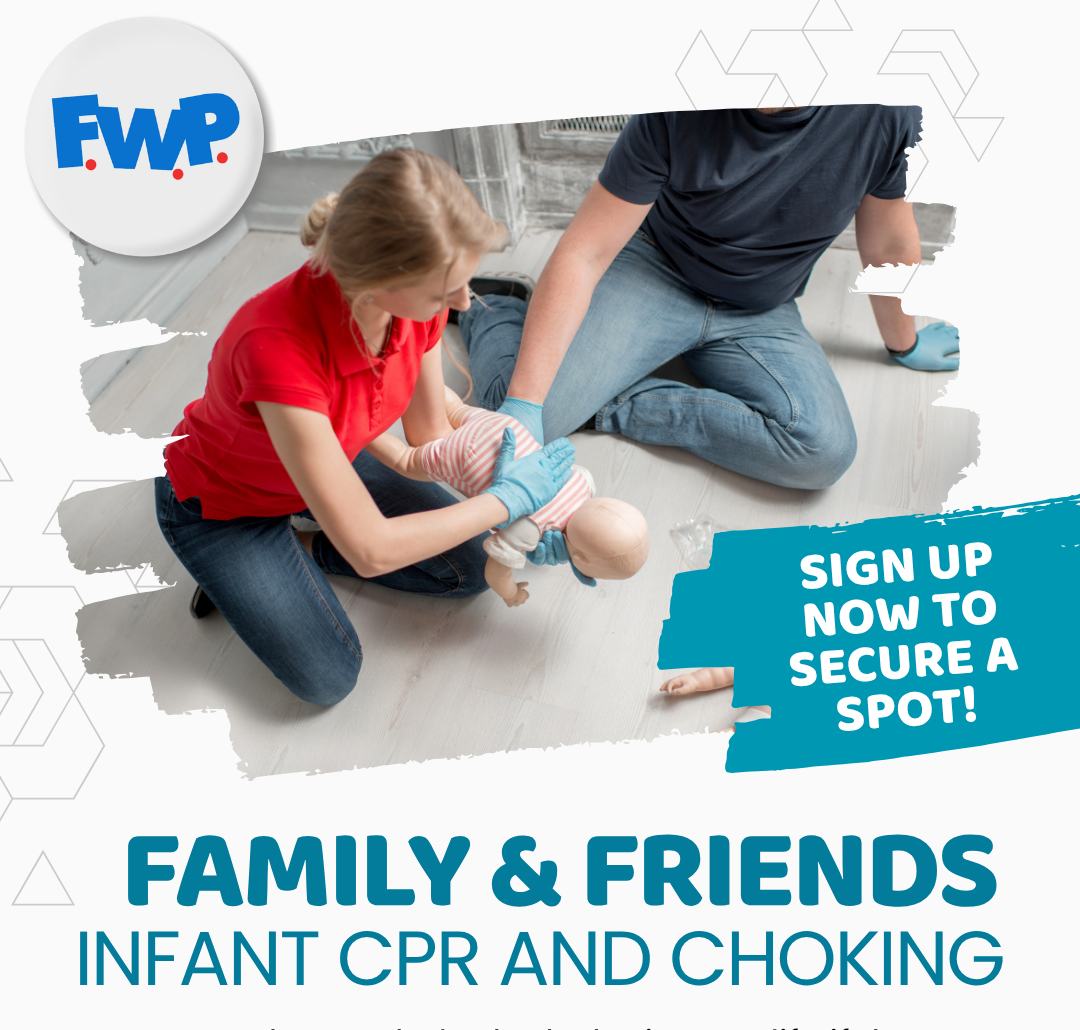 Flyer for family CPR training and choking class, with infant CPR photo and free training details