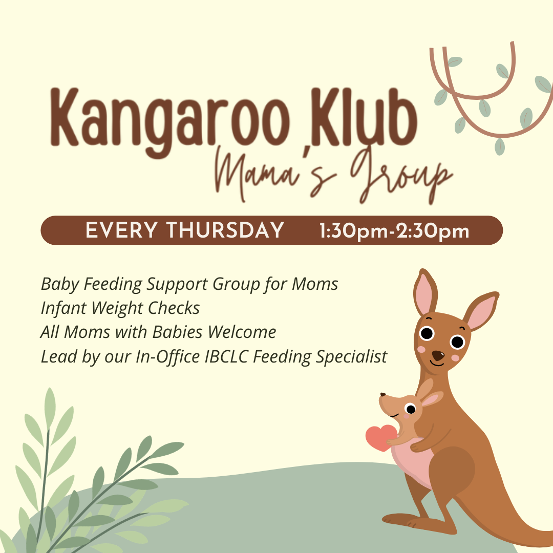 Cartel del Grupo de Mamás del Club Canguro con un canguro y su cría, todos los jueves de 13:30 a 14:30 para apoyo en la alimentación.