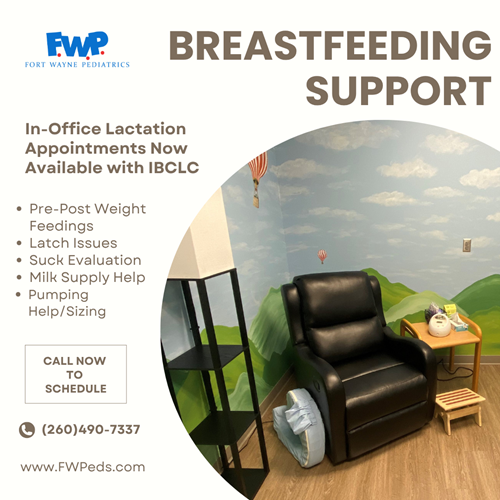 Breastfeeding support ad with recliner, breast pump, and text for in-office IBCLC appointments.