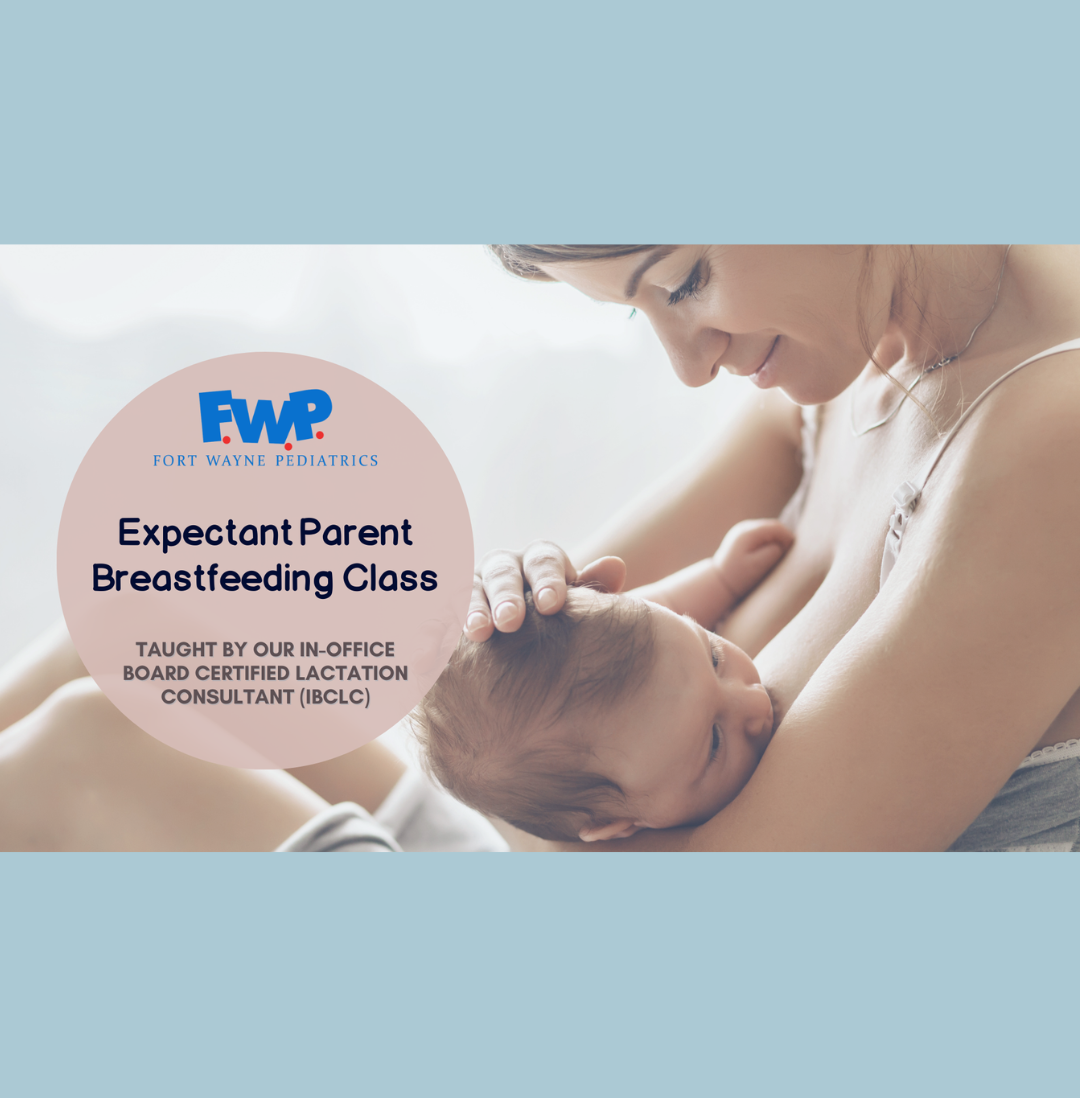Breastfeeding class poster with a mother nursing a baby, in soft blue and pink tones