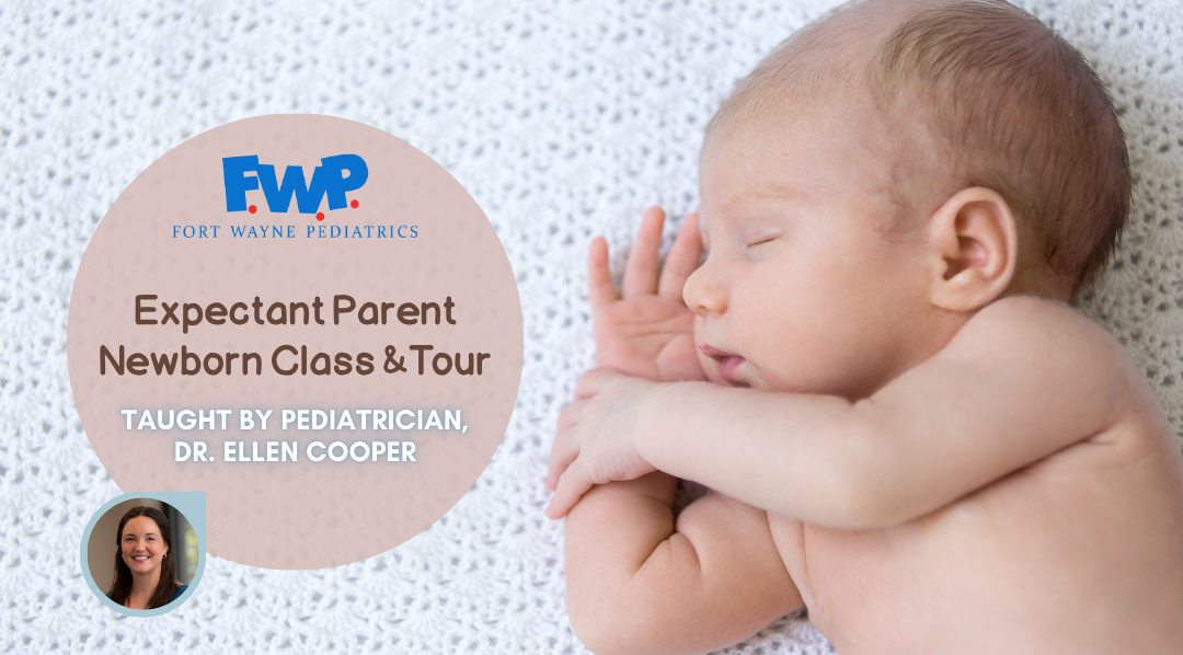 Newborn parent class and tour poster with baby and mother, pink circle, FWP logo, Dr. Ellen Cooper