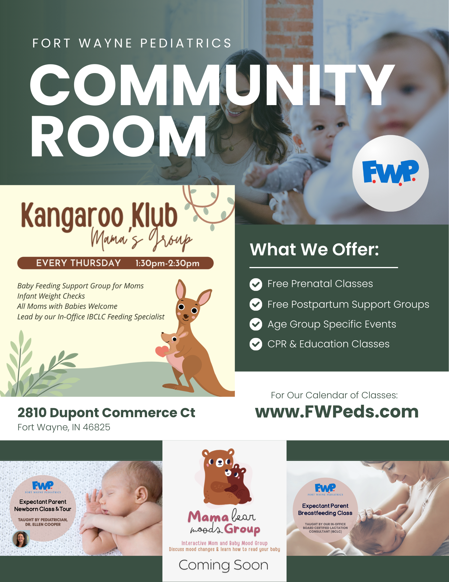 Fort Wayne Pediatrics community room flyer with Kangaroo Klub info, services list, and contact details