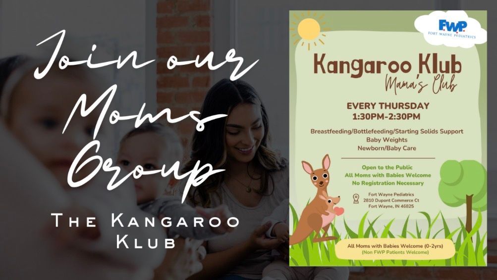 Mothers group promo with woman using a laptop and a colorful Kangaroo Klub event flyer on the right.