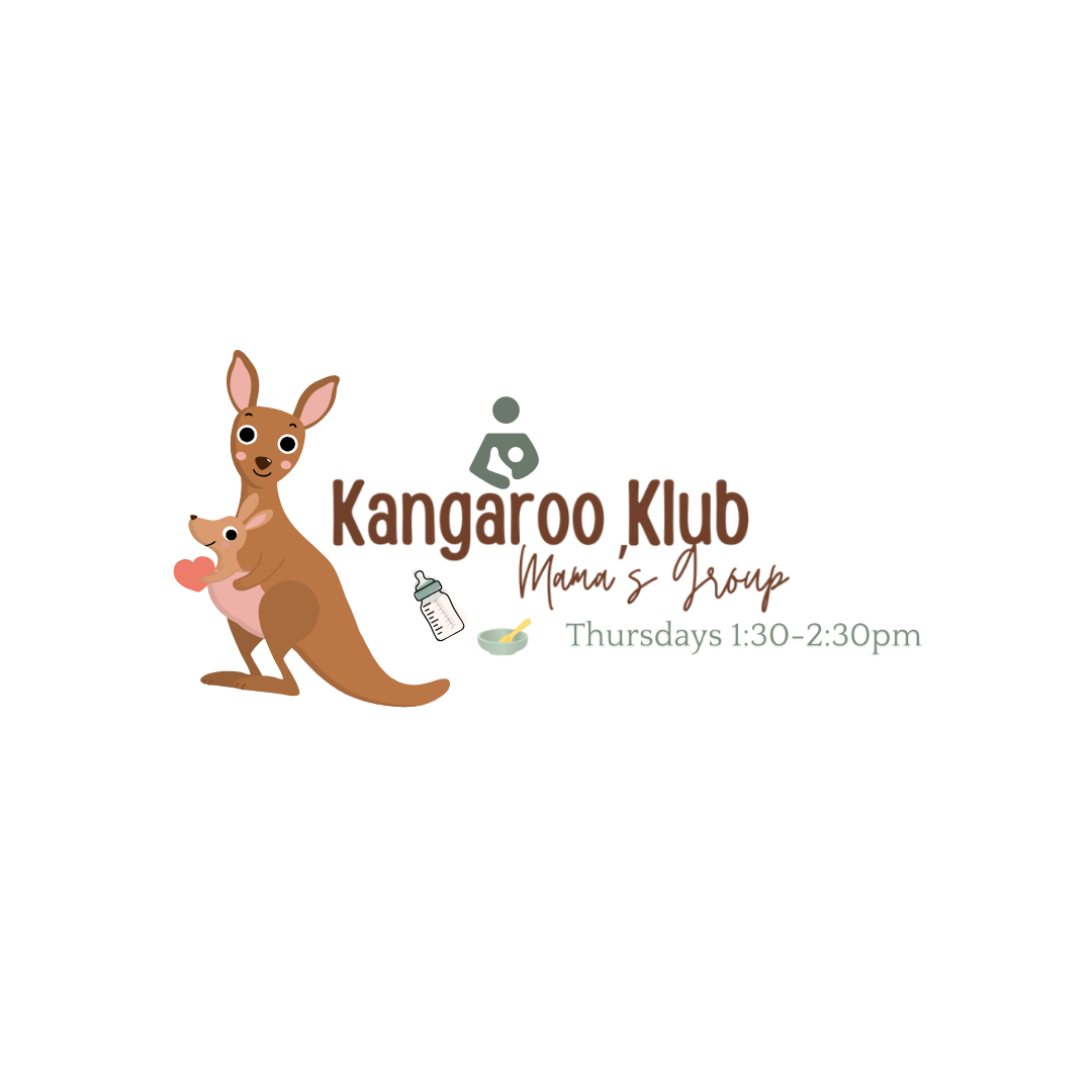 Kangaroo Klub logo with a cartoon kangaroo and text “Kangaroo Klub Mama’s Group” and “Thursdays 12:30–2:30pm”