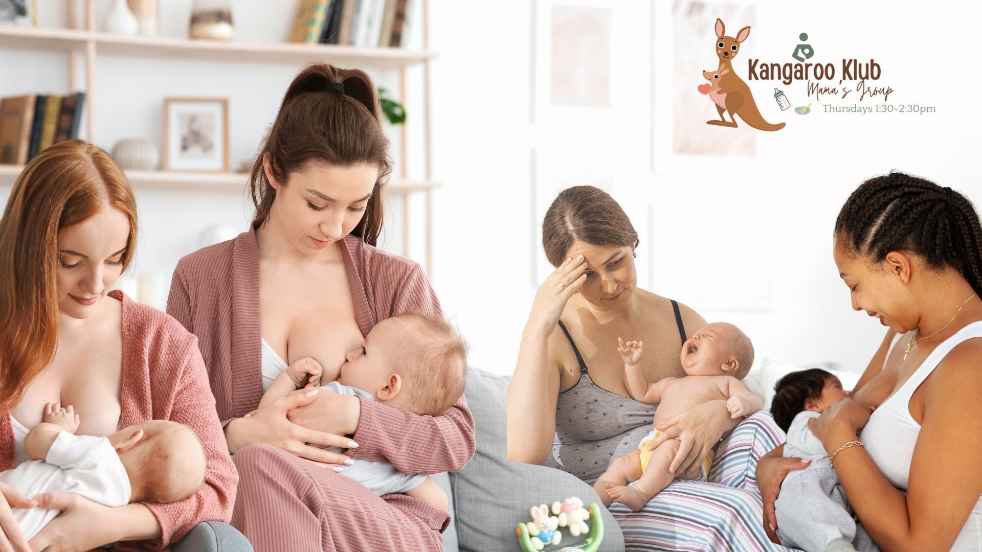 Mothers breastfeeding babies during a support group in a bright, cozy room Kangaroo Klub Mama's Group Thursdays 1:30-2:30pm