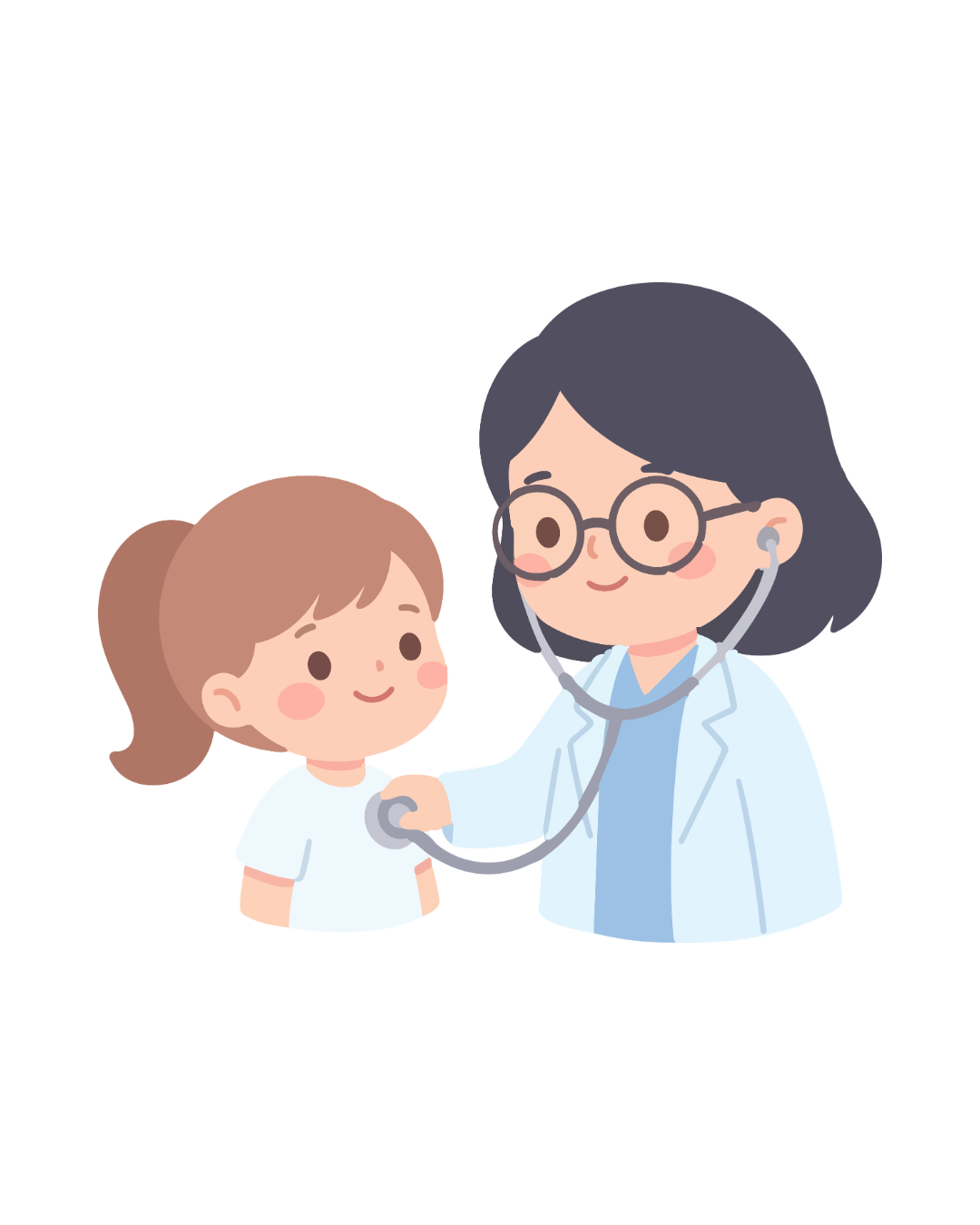 Doctor examining a child with a stethoscope, both in light-colored clothing, on a white background
