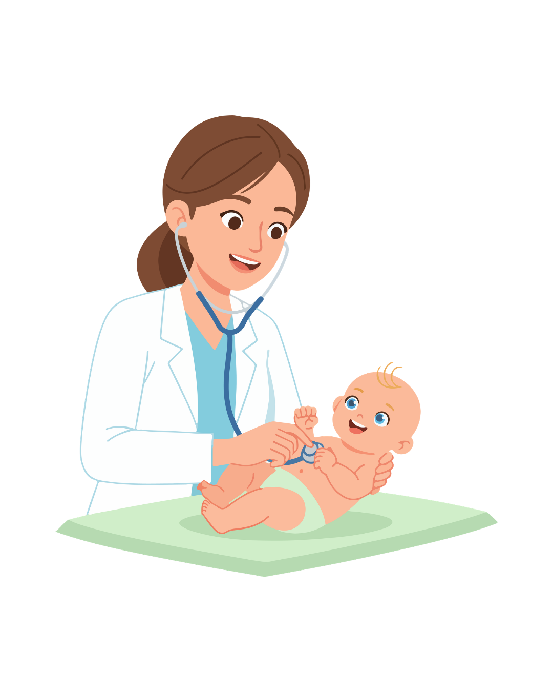 Doctor examining a smiling baby on a green mat with a stethoscope
