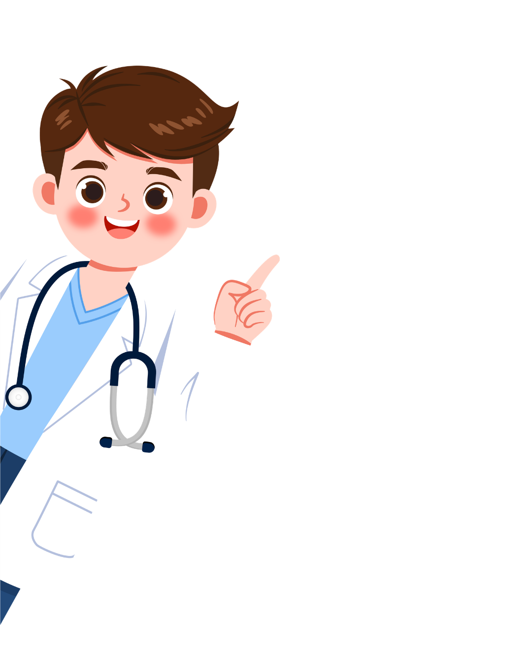 Cartoon doctor in a white coat with a stethoscope, smiling and pointing to the right.