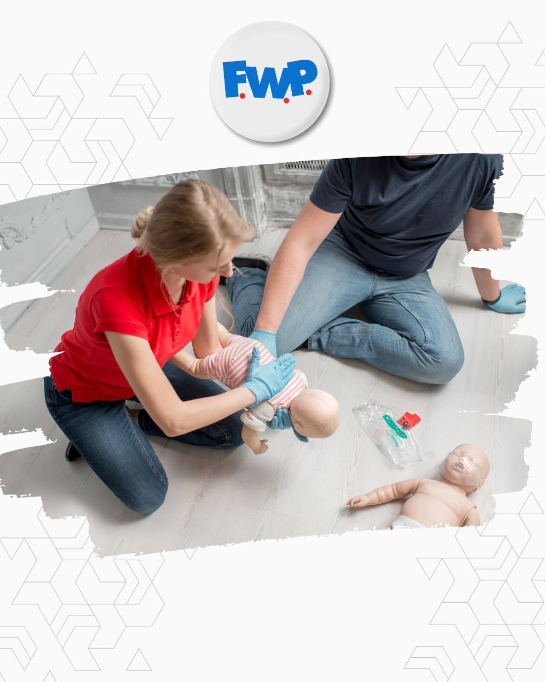 Adult and child demonstrating choking/cpr with dolls on a white floor, with FWP logo above them 