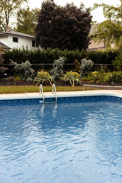 Backyard swimming pool with blue water, fountain jets, and lush garden landscaping behind it