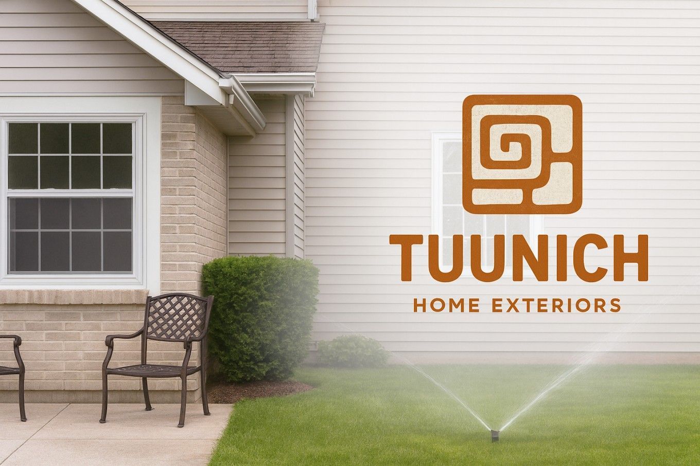 TUUNICH Home Exteriors logo beside a house exterior with chairs and a lawn sprinkler at the bottom