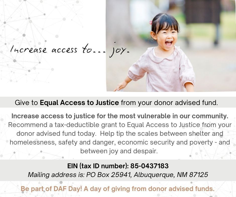 Young girl running and laughing. Text: Increase access to joy. Give to Equal Access to Justice from your DAF.