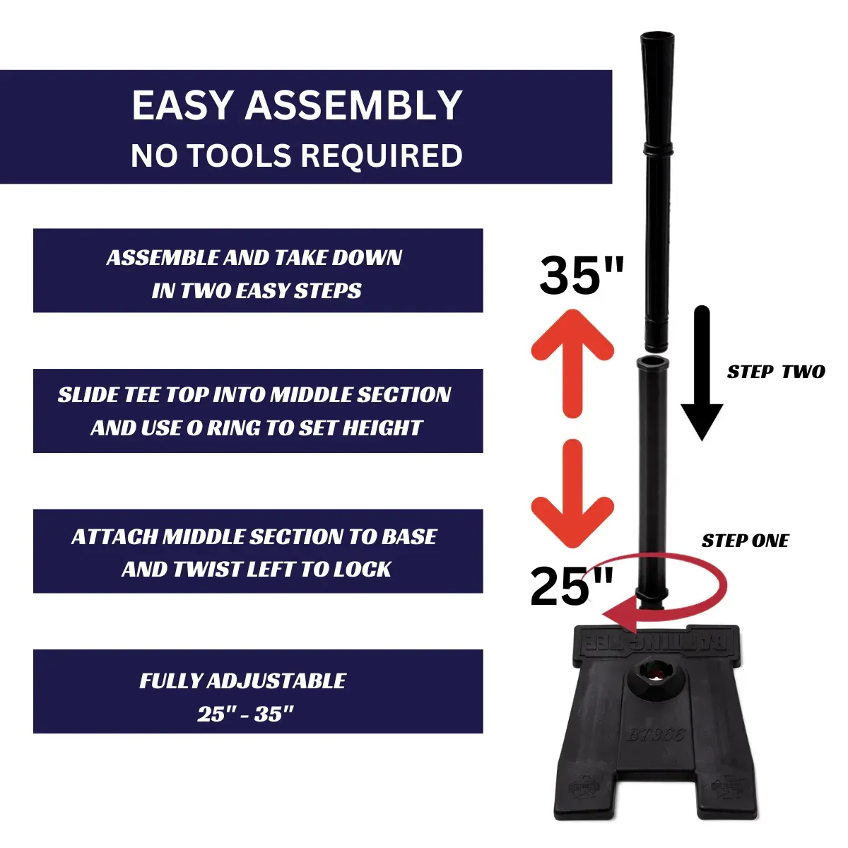 A diagram showing how to assemble a batting tee