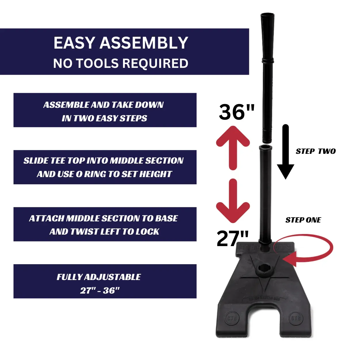 A diagram showing how to assemble a batting tee