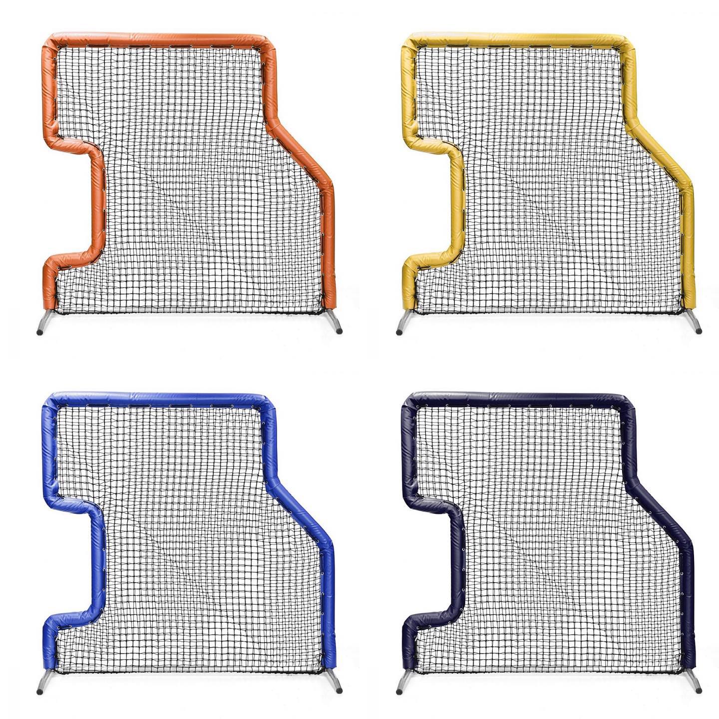 Four different colored lacrosse nets are shown on a white background