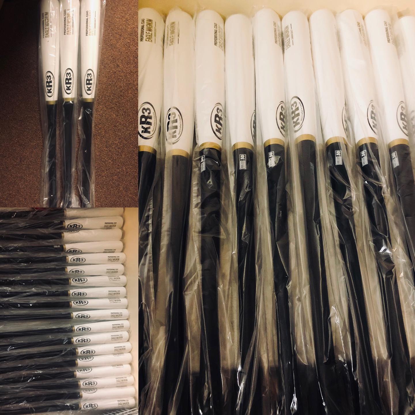 A bunch of baseball bats with the letters rhb on them