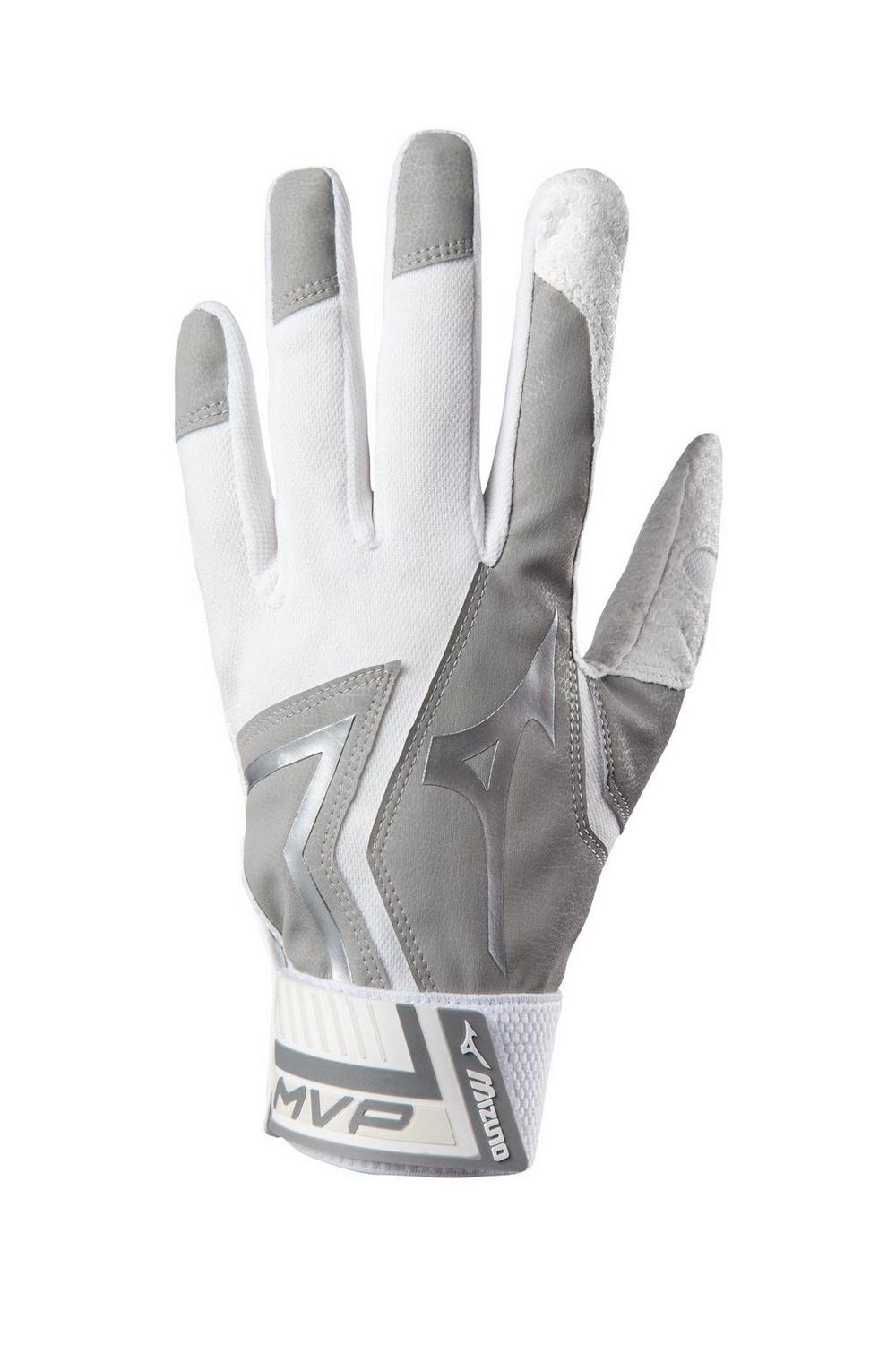 A pair of white and gray baseball gloves on a white background.
