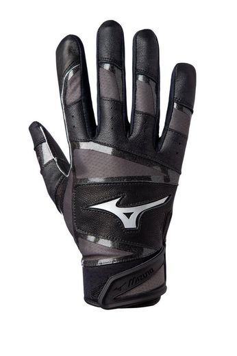 A pair of black and gray baseball gloves on a white background.