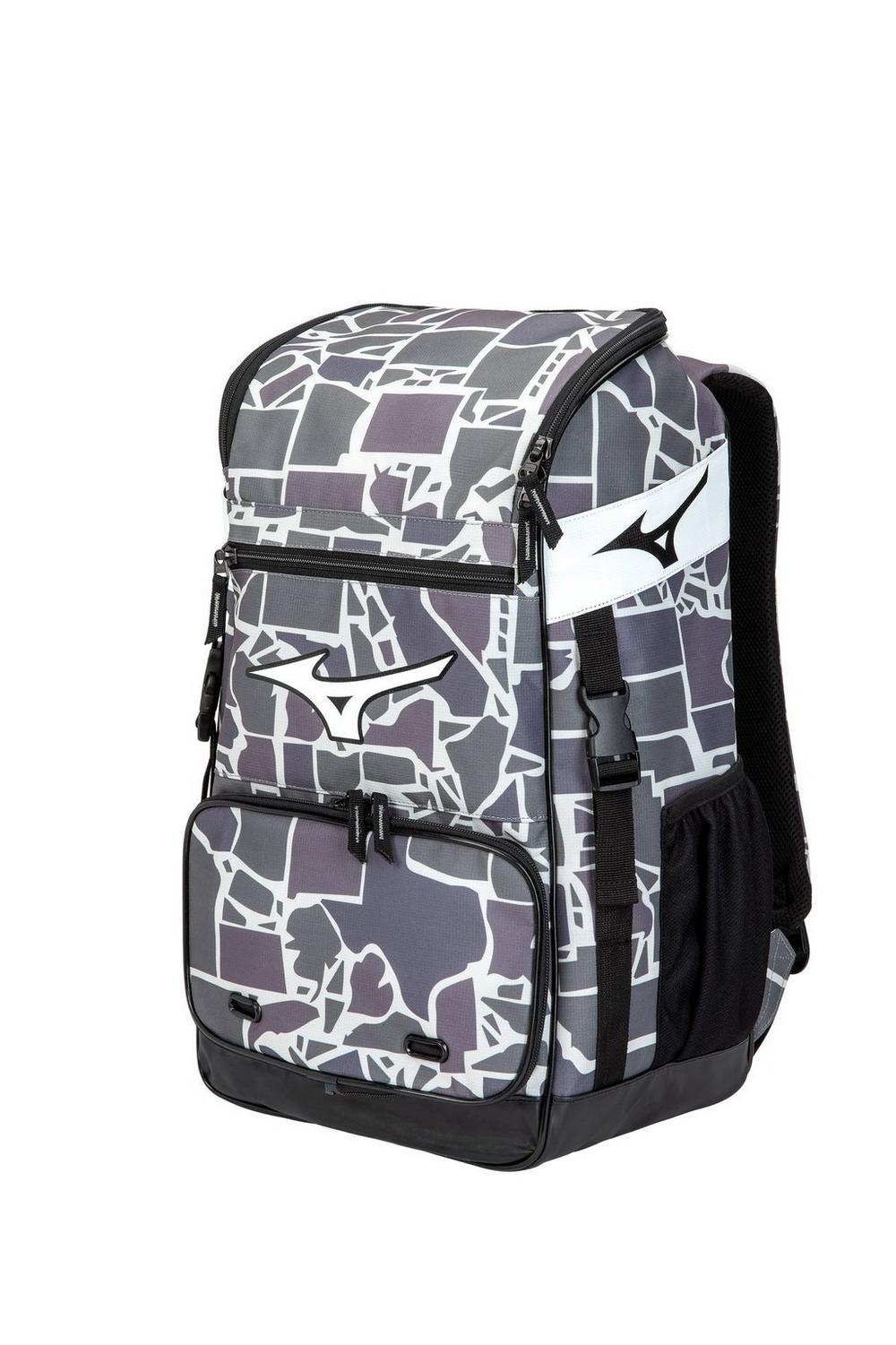 A black and white backpack with a pattern on it is on a white background.