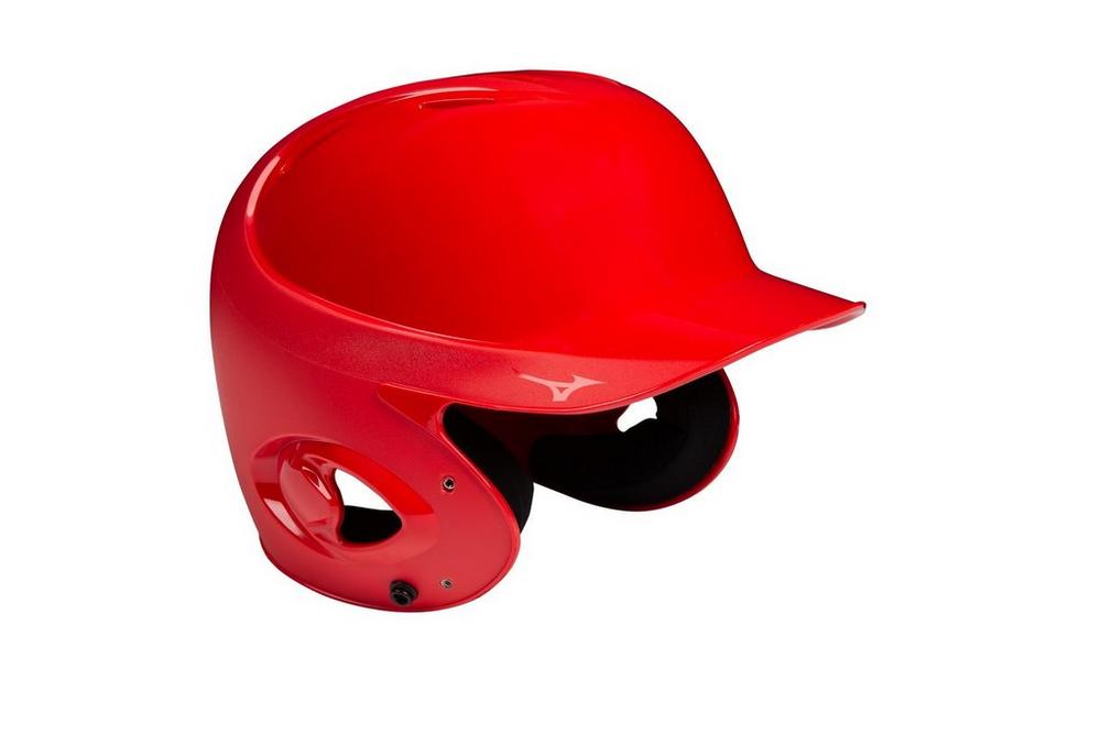 A red baseball helmet is on a white background.
