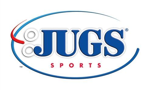 A blue and white logo for jugs sports on a white background.