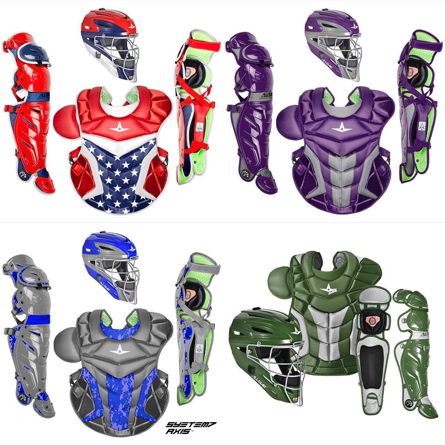 A picture of a catcher 's gear in different colors