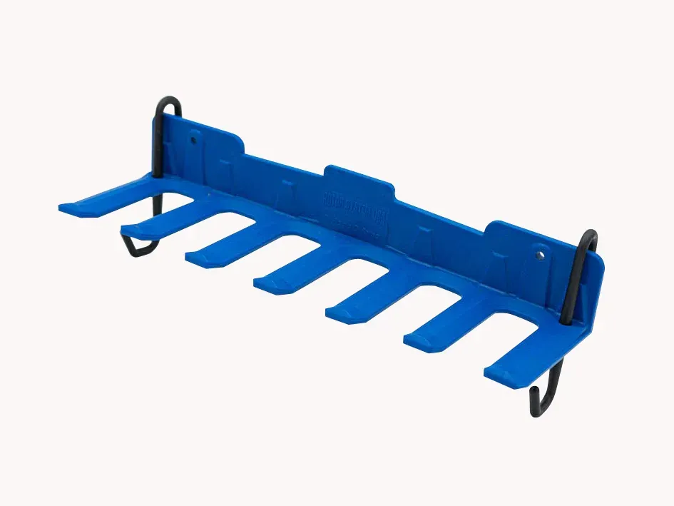 A blue tool holder with hooks attached to it on a white background.