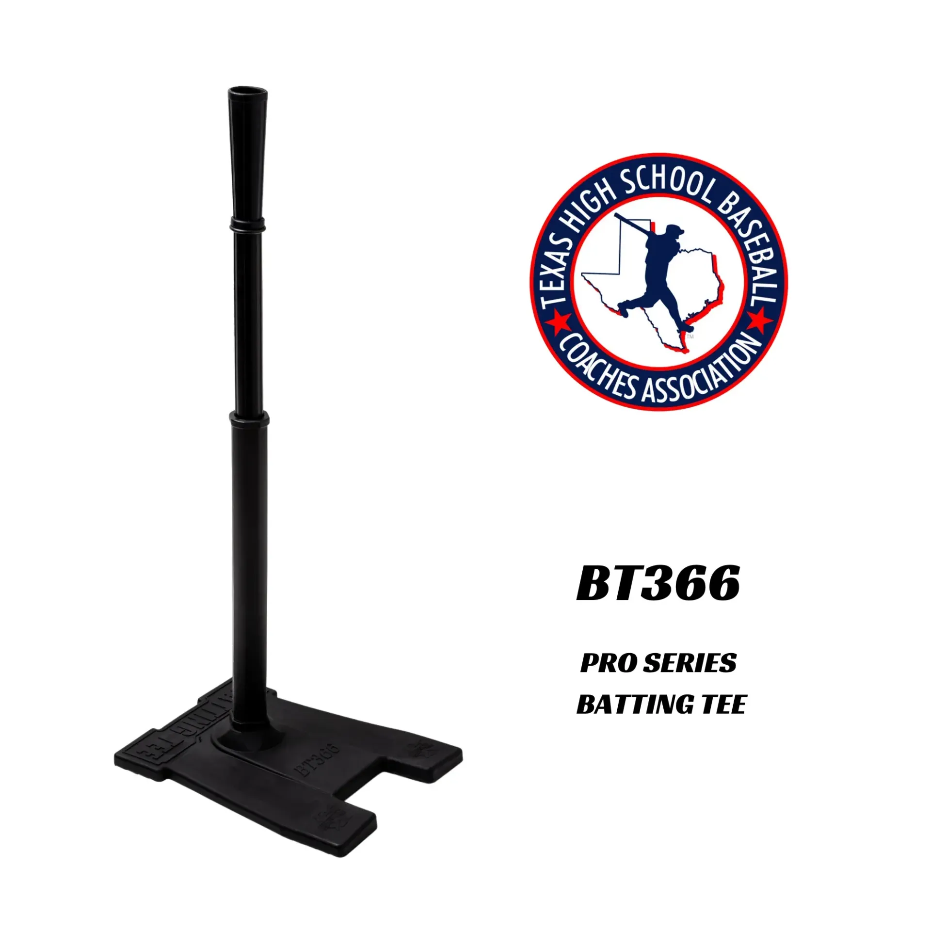 A texas high school baseball coaches association logo next to a batting tee