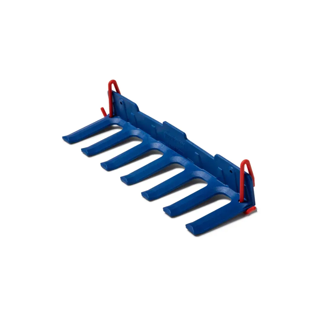 A blue plastic tool holder with red handles on a white background.