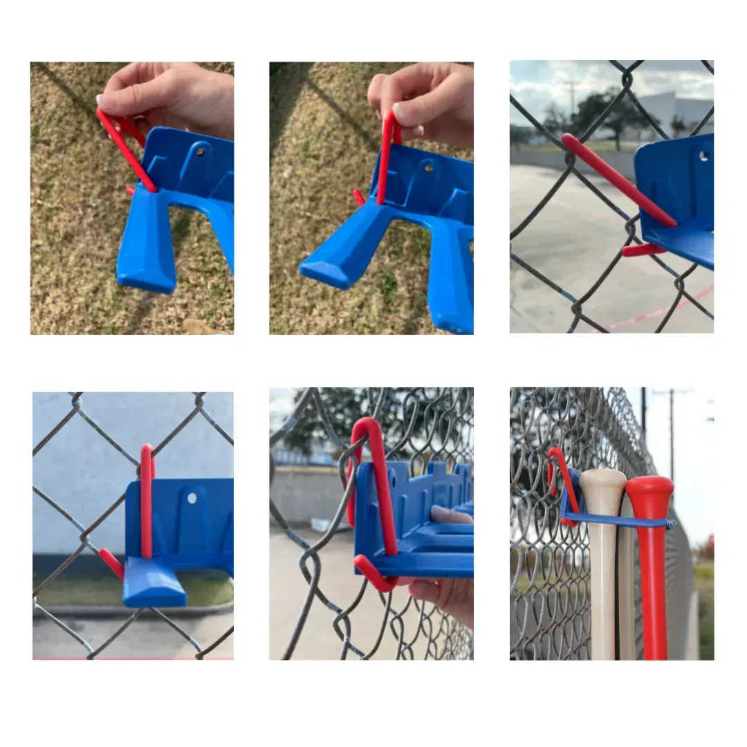 A blue and red item is attached to a chain link fence