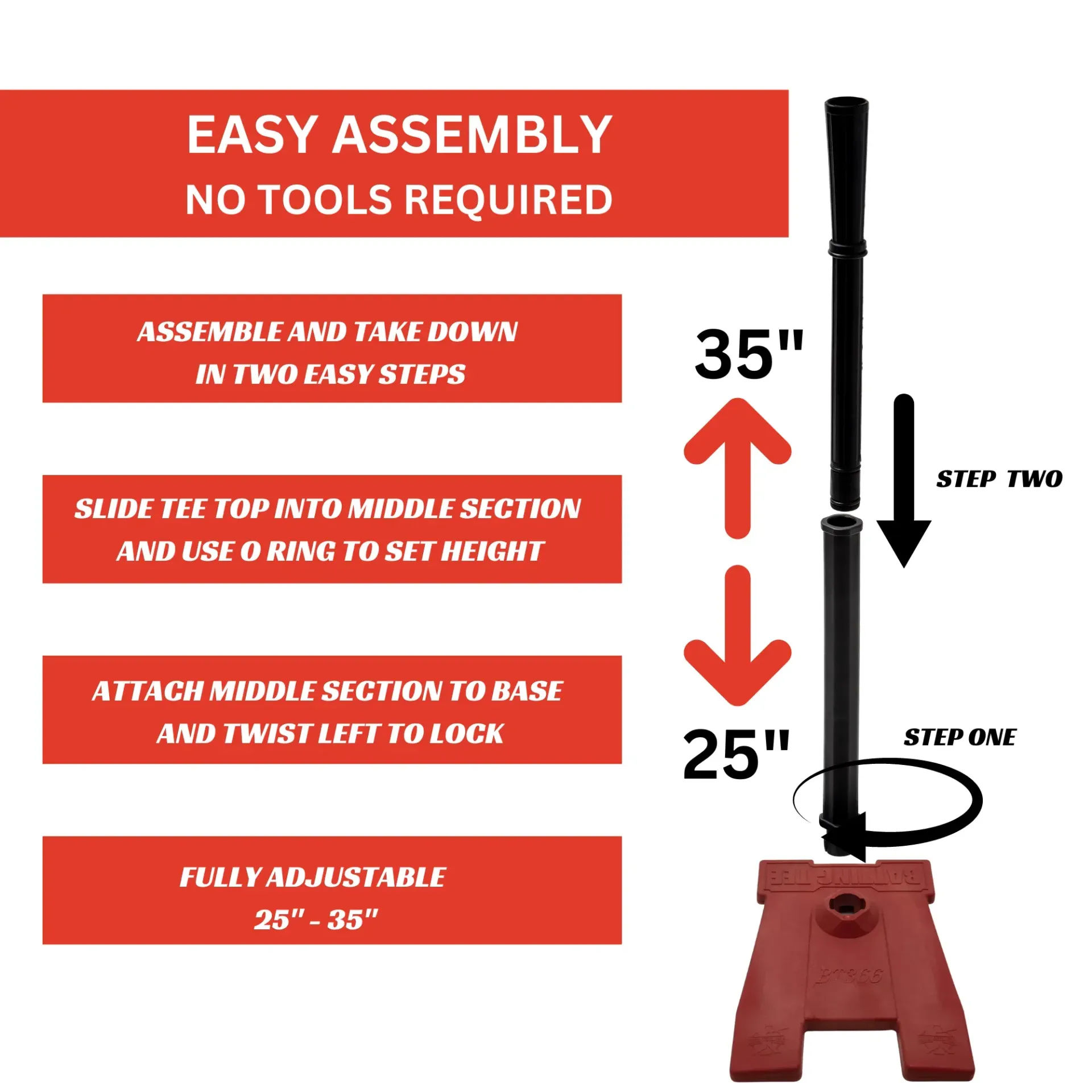 A diagram showing how to assemble a batting tee