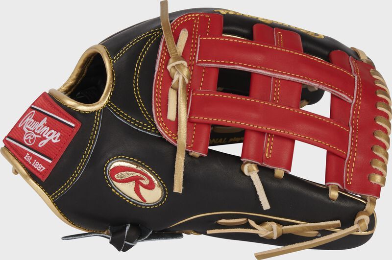 A black and red rawlings baseball glove on a white background
