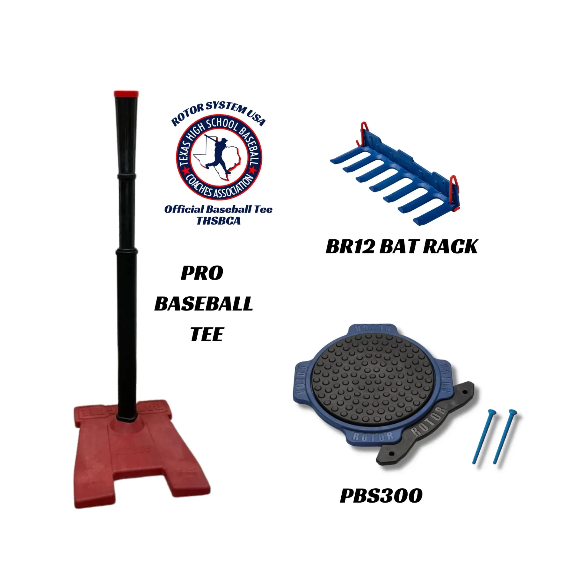 A picture of a pro baseball tee and a bat rack