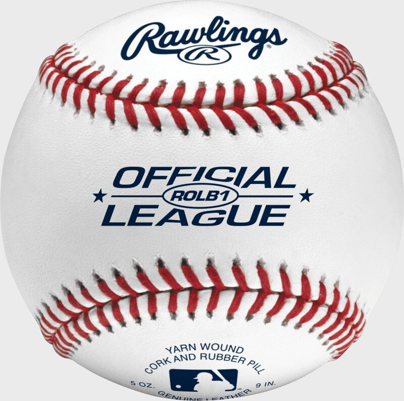 A rawlings official league baseball with red and blue stitching